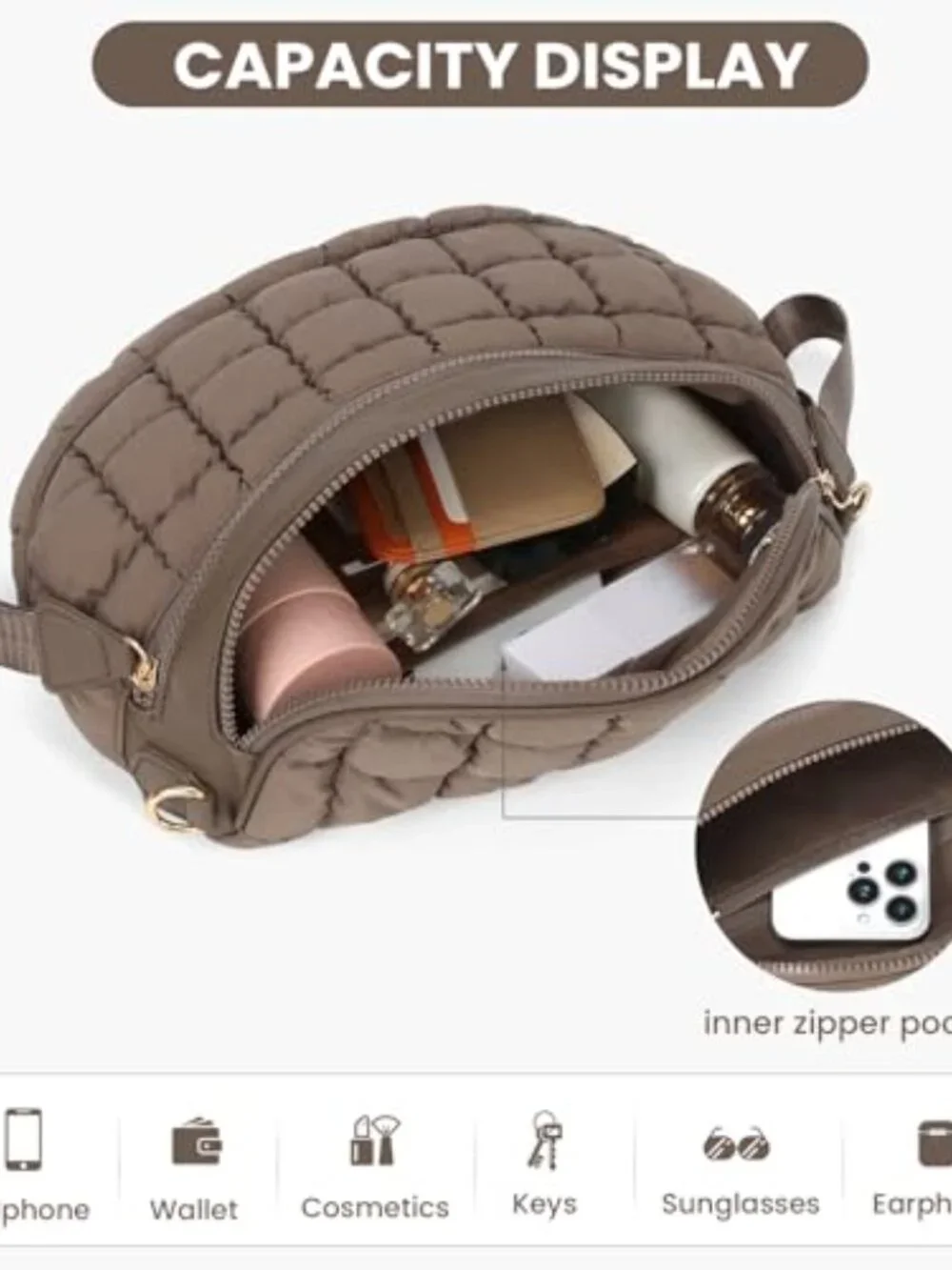 Quilted Crossbody Bag Puffer Fanny Pack Nylon Sling Purse Shoulder Bag